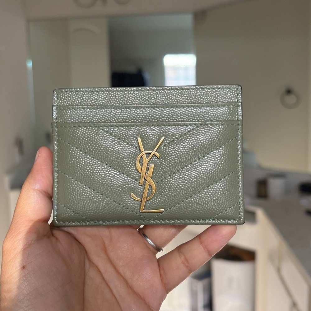Yves Saint Laurent Olive Card Holder with Gold Logo - Picture 4 of 5